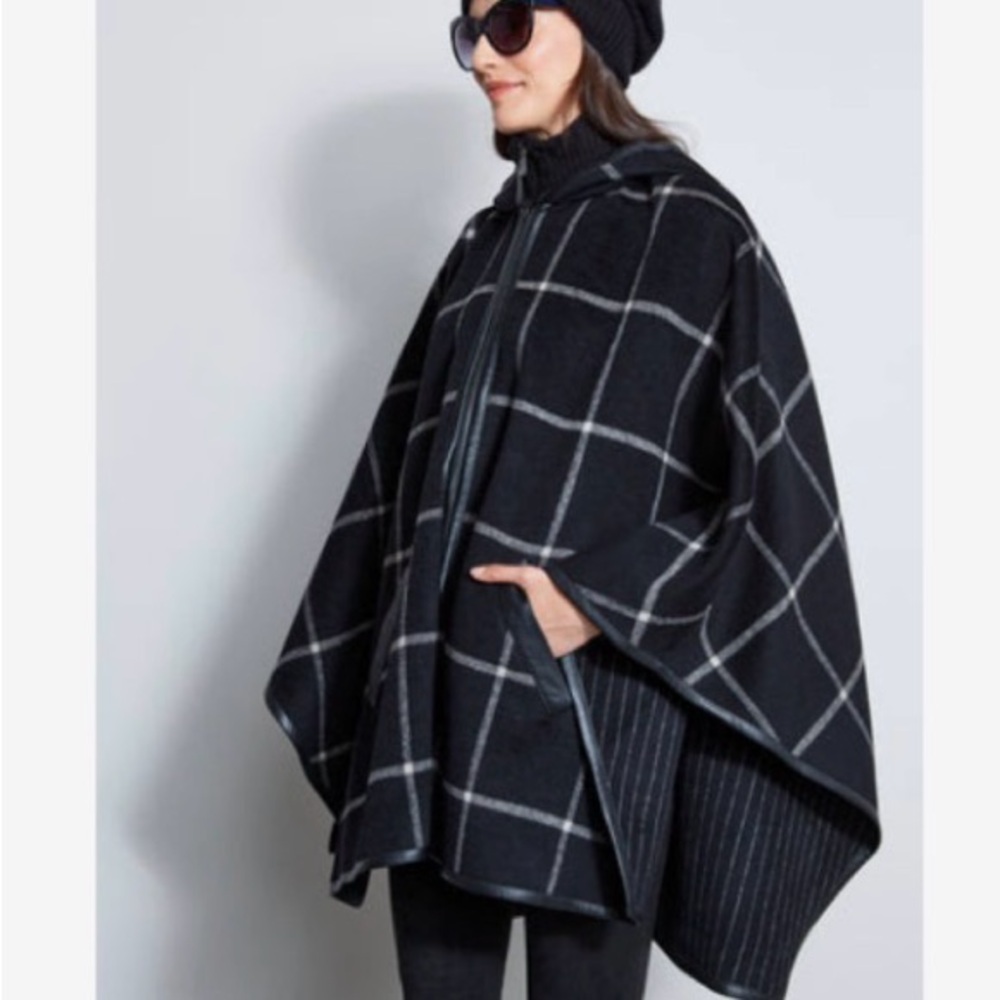 Elie Tahari Black Windowpane Wool Cape NWOT